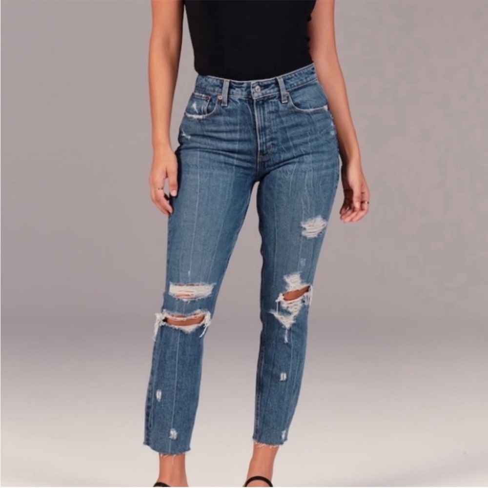 Abercrombie & Fitch Curve Love High Rise Distressed Mom Jeans